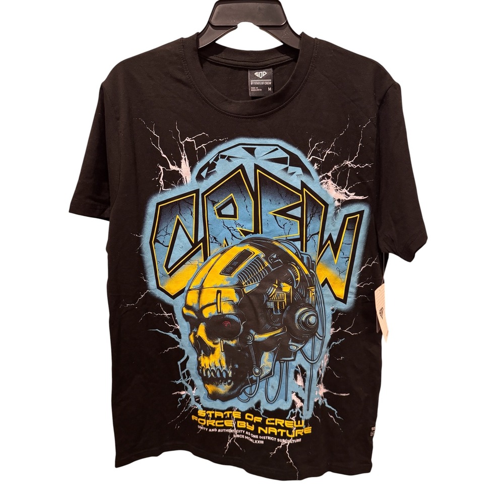 State of Crew Mens Cyberpunk Cyborg Skull Graphic T-Shirt Black Size M NWT